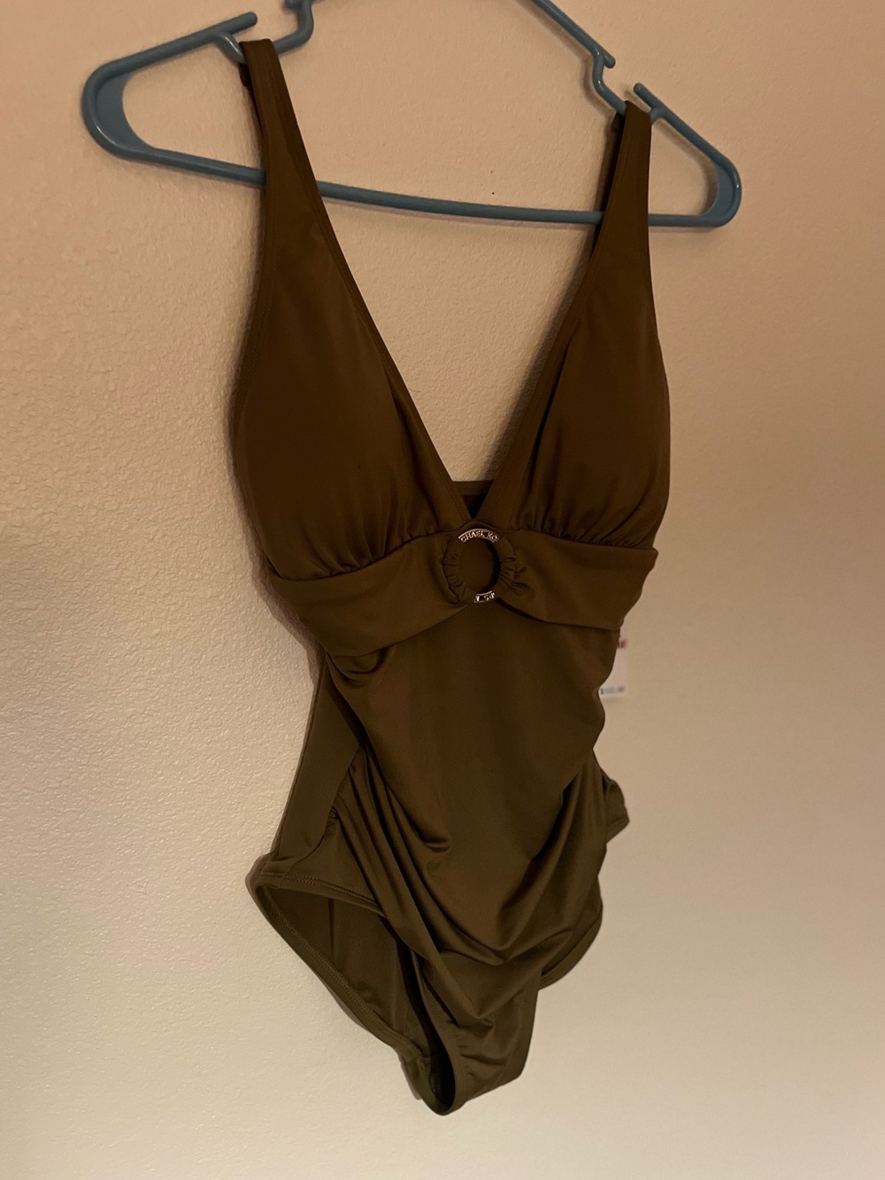 Michael Kors Olive Green One-Piece Swimsuit with Gold Ring Detail